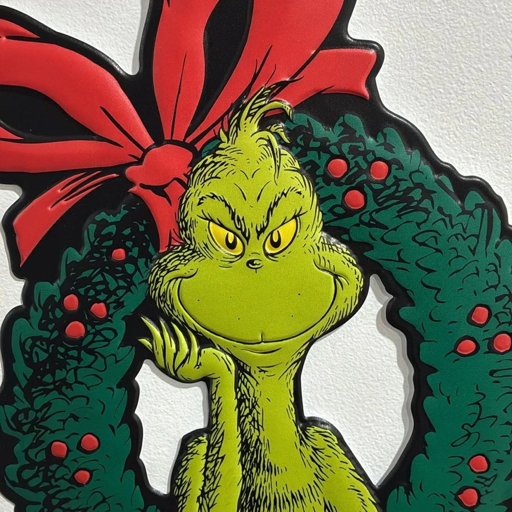 NWT- 17-1/4 x13- The Grinch- Metal Holiday Wreath Decoration w/ Large Red Bow